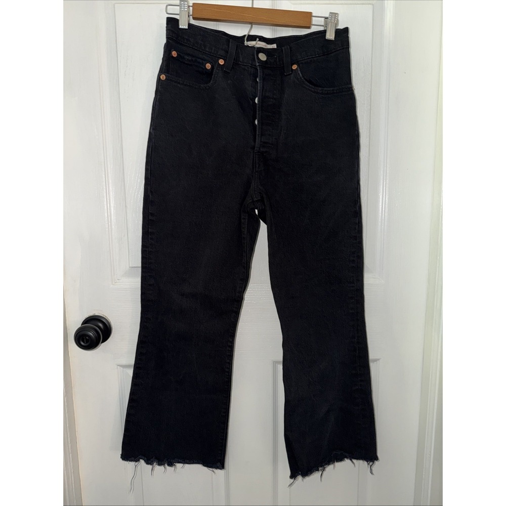 Levis Premium Jeans Women 27 Black Ribcage Crop Flare High Rise Raw Hem Button